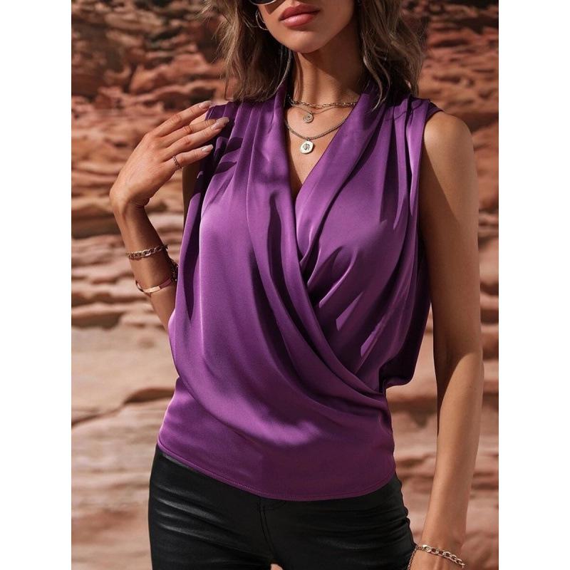 Women's Spring/Summer 2026 Sleeveless Satin pleated vest – European & American style sexy shirt
