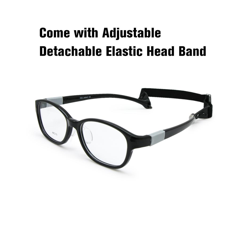 Kids TR90 Optical Glasses Oval Frame Size 48 with Elastic Strap Retainer Flexible Bendable for Boys Girls 6-10 Years Old