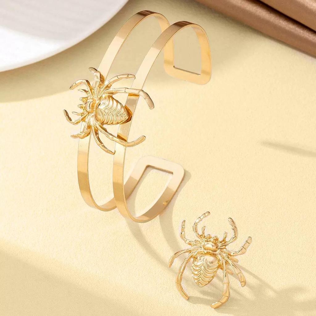 Vacation Fashion Gothic Spider Ring Gold Double Open Adjustable Arm Ring Set