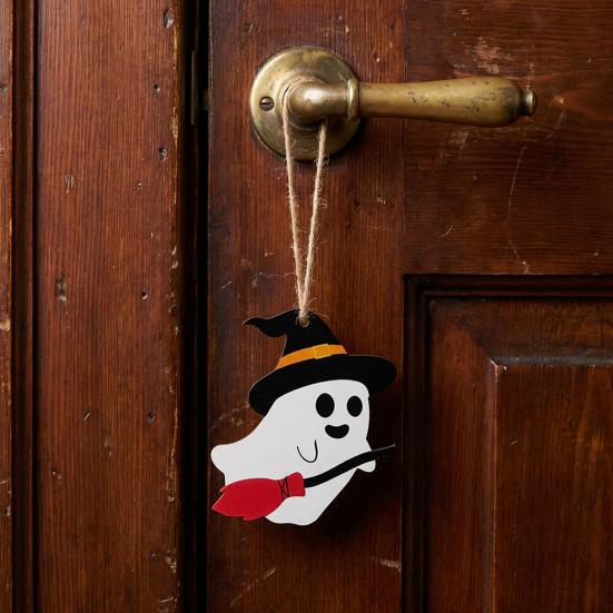 Halloween Wall Ornaments Ghost Wooden Hanging Sign with Hemp Rope, Cute Holiday Pendants for Home Party Decorations