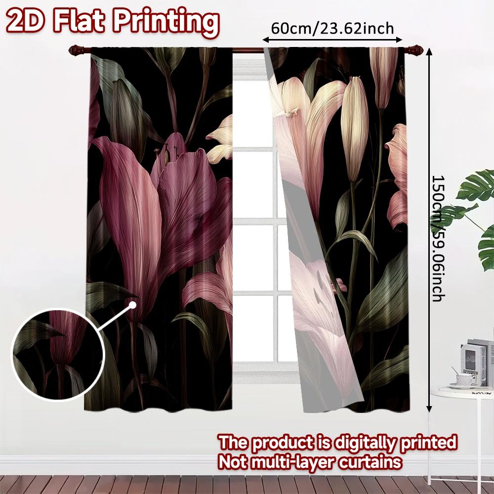 Set Of 2 Flat Printing Curtains Without Rod Floral Elegance Black Valentine Is Day Festival Popular Drapes Curtain Made Polyester
