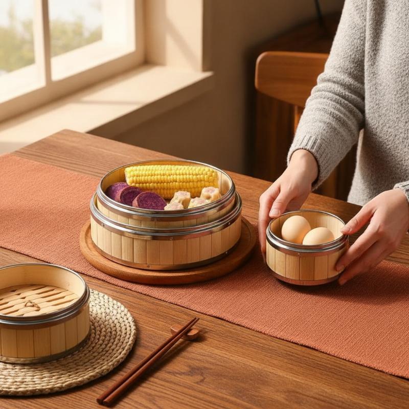 Durable Bamboo Steamer Basket Steel Handle Lid High Temp Resistant Steamer for Dim Sum Bao Bun Kitchen Cooking Tool