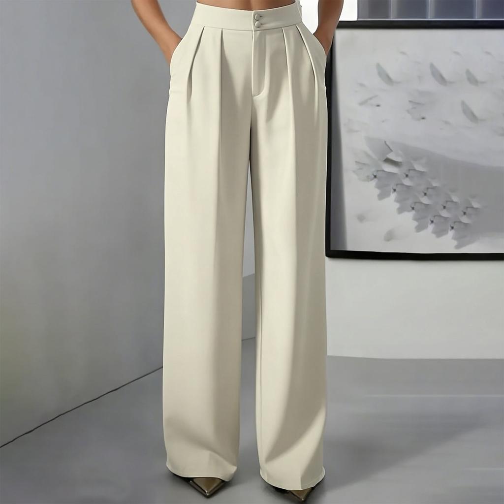 Women's High Waisted Straight Leg Dress Pants with Pockets, Elastic Waist Button Closure Loose Fit Trousers for & Casual Wear