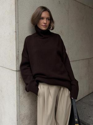 Autumn Winter Solid High Neck Knit Sweater Loose Slim Fit Versatile Knitwear for Women