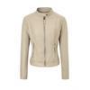 Womens PU Leather Biker Jacket With Stand Collar Slim Fit Zipper Front Casual Streetwear Coat