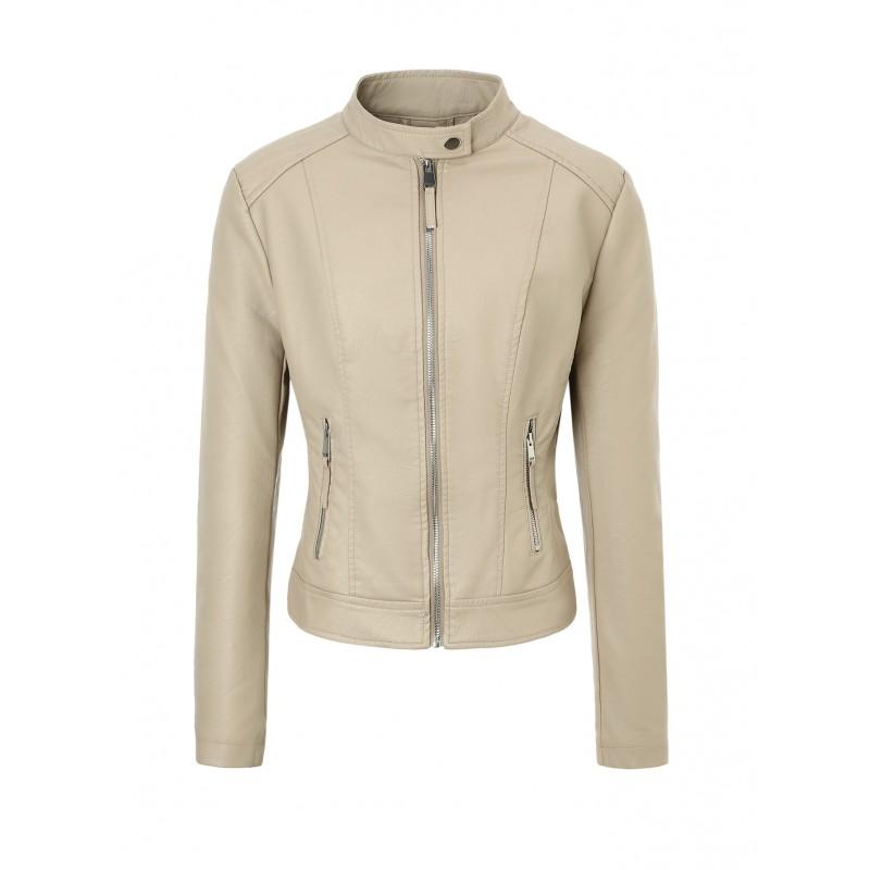 Womens PU Leather Biker Jacket With Stand Collar Slim Fit Zipper Front Casual Streetwear Coat