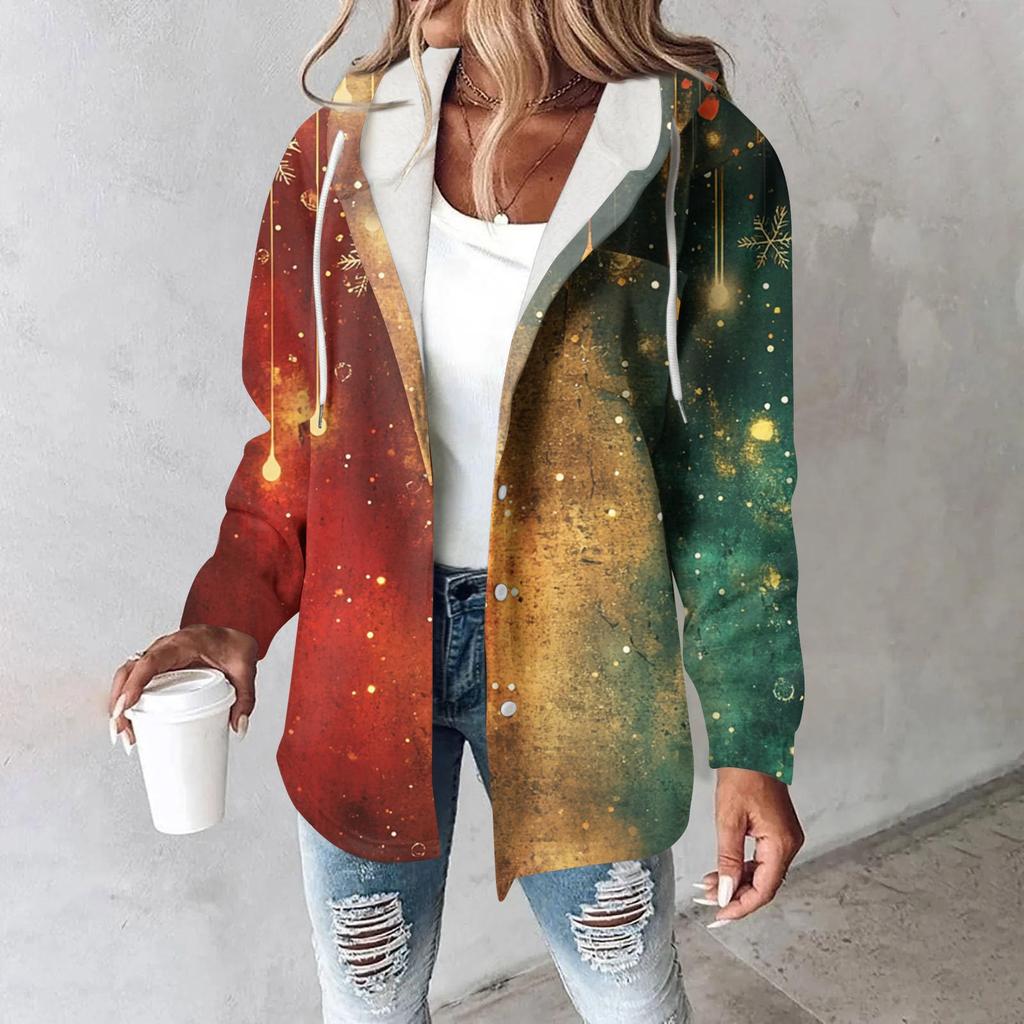 Hoodies For Women Winter Warm Sweatshirt Button Drawstring Hooded Print Jacket Coat