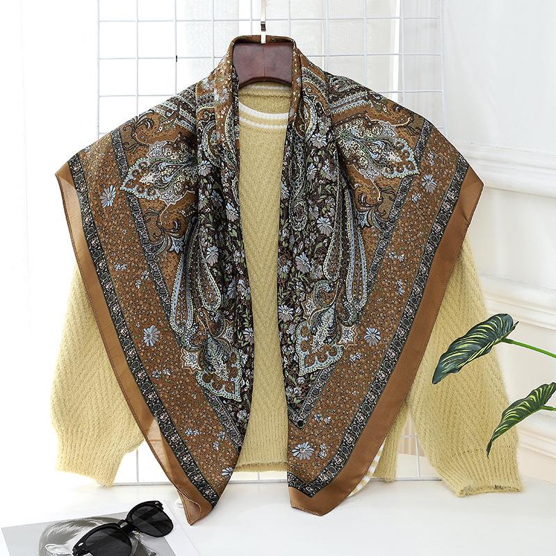 Women's Retro Fashion Mulberry Silk Feel Square Scarf - Summer Faux Satin, Sun Protection, 90cm
