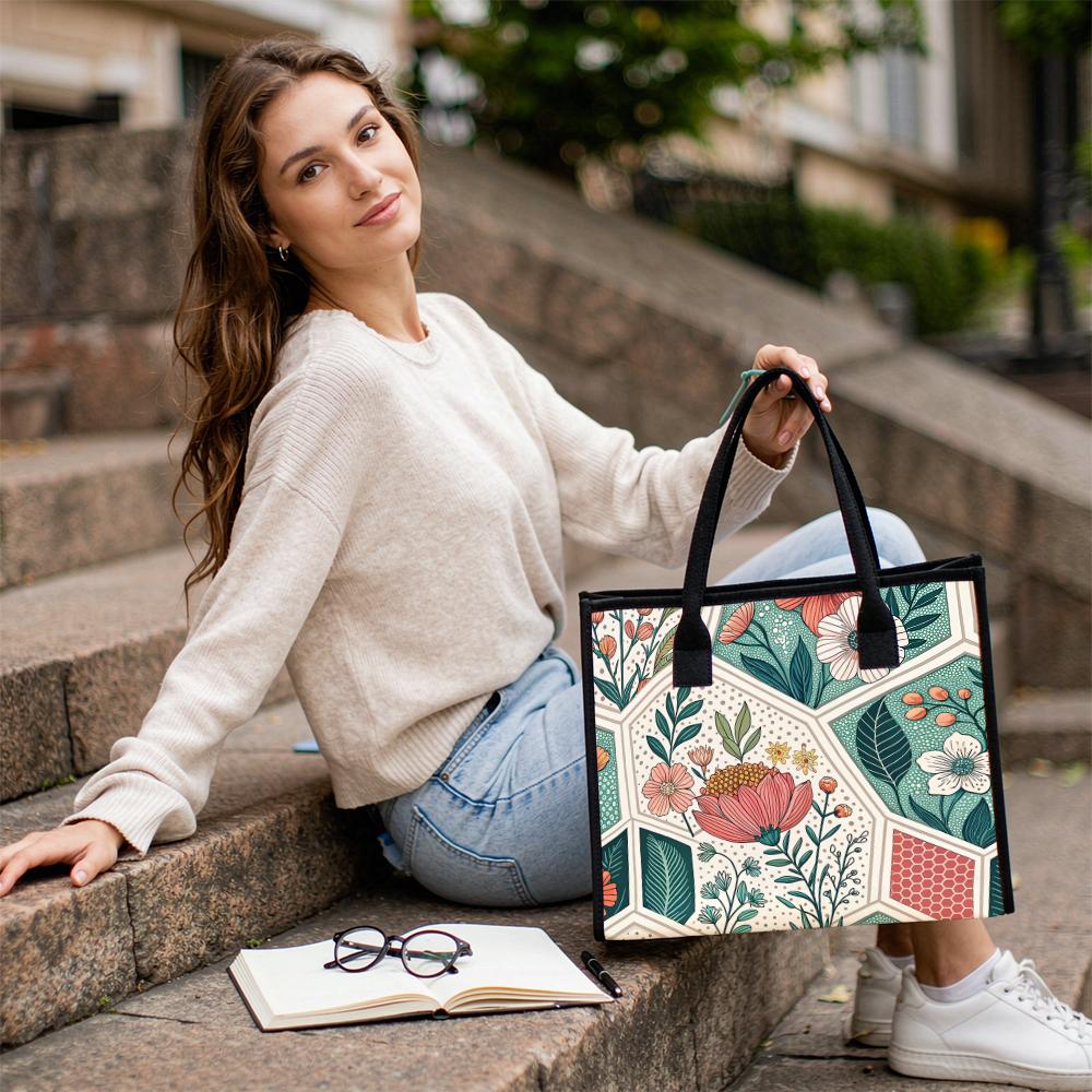 Floral Pattern Casual Tote Bag for Daily Shopping Commute Portable Stylish Shoulder Handbag