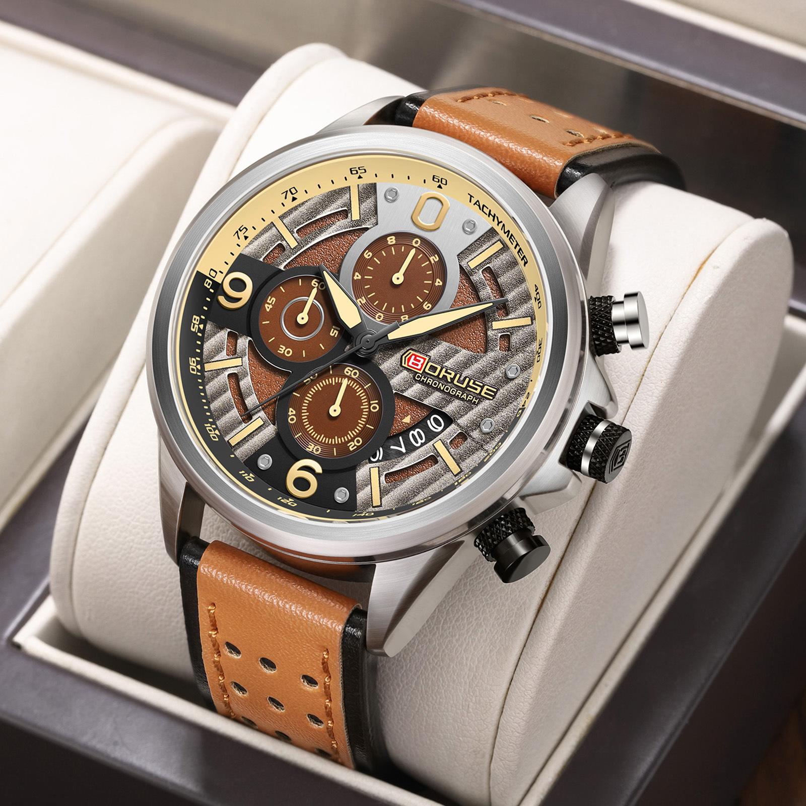Boruse Leather Strap Men S Watch Fashion Waterproof Luminous Quartz Watch
