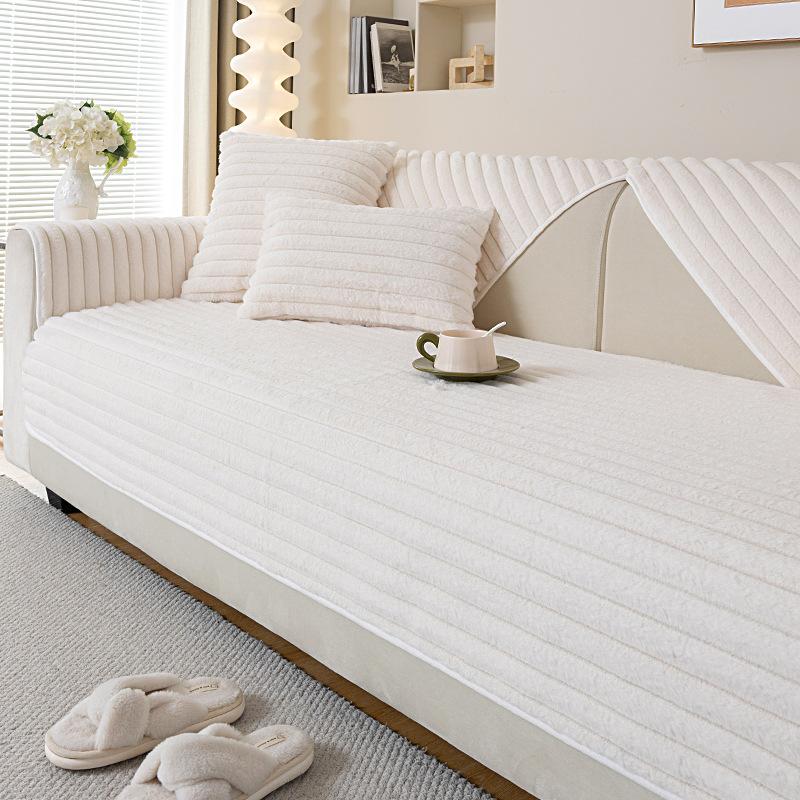 Rabbit Plush Straight Strip Sofa Cover Thicken Simplicity Sofa Mat Couch Covers for Living Room Solid Color Anti-slip Couch Mat