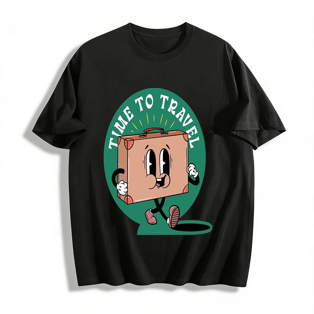 

Vintage Suitcase Print Casual T-Shirt, Retro Cartoon Travel Themed Loose Top For Men And Women Pure cotton T-shirt XXS