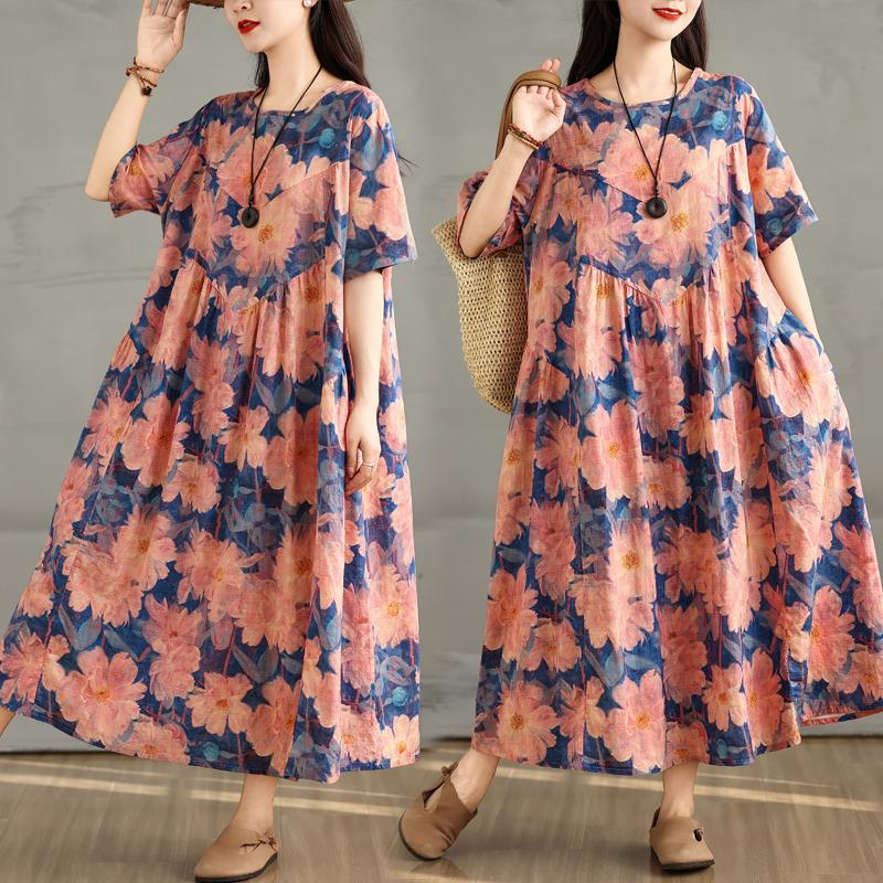 DIMANAF 2025 Plus Size Summer Dress Women Casual Vintage Long Dress Floral Printing Loose Shirt Dress Maxi