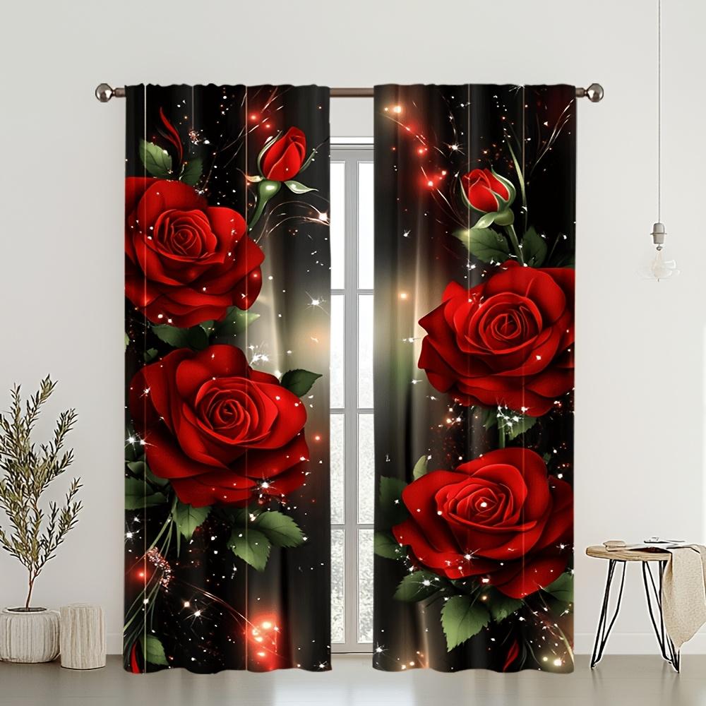 Set Of 2 Rose Illusion Door Curtains Black Background Red Sparkle Semi Translucent Bedroom Living Room Decor Light Filtering Made Polyester Window