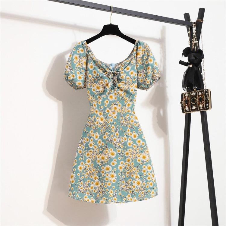Korean Style Elegant Floral Printed Women Mini Dress Bohemian Pleated Puffy Sleeve Sexy Summer Vestidos Shirring Female Short Dress