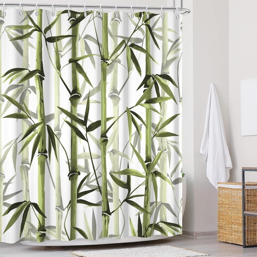 Green Bamboo Shower Curtain Bamboo 3D Printed Outdoor Bathroom Curtain Japanese Asian Zen Spa Spring Botanical Waterproof Fabric