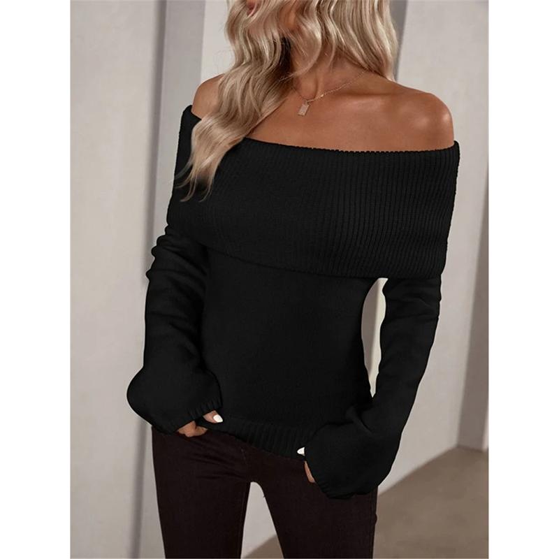 Sexy Off Shoulder Knitted Sweaters for Women Fashion Solid Slim Ribbed Knit Pullover Tops New Long Sleeve Jumpers Pullovers