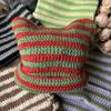 Gestreifte Strickmütze, gehäkelt, süße Katzenohren, Beanie-Mütze für Damen und Mädchen, modisch