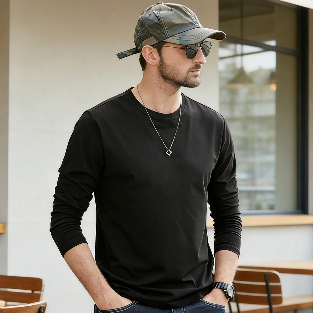 Cotton base shirt men's autumn and winter men's solid color long sleeved T-shirt men's top