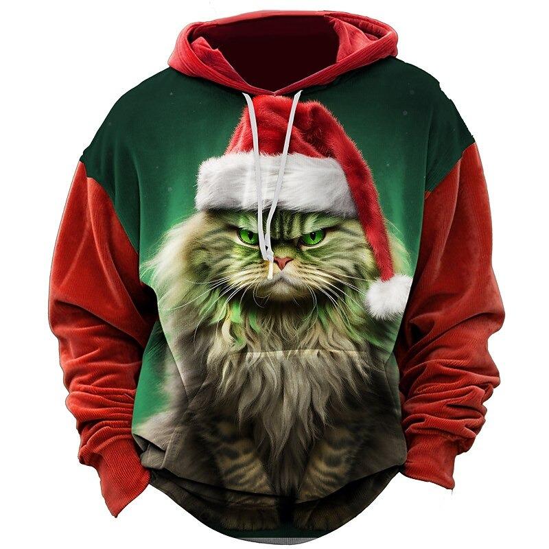 3D Print Christmas Cat Graphic Hoodie Men's Cute Santa Claus Pattern Loose Casual Comfortable Clothes Autumn Harajuku Style Kids Pullover