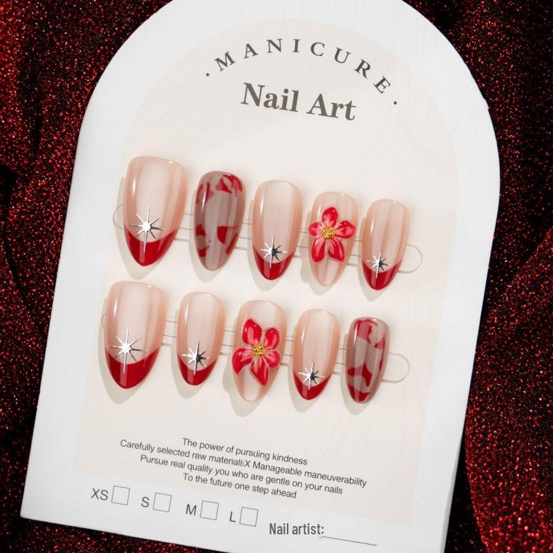 30-Piece Advanced 3D Flower Cat Eye Gold Foil Red French Almond Wearable Nail Art Set