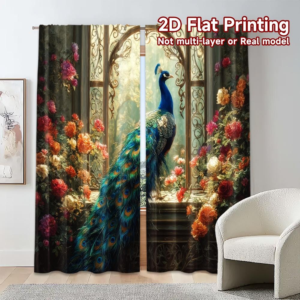 Set Of 2 Contemporary Flat Printing Curtains Without Rod Peacock Garden Popular Versatile Durable Polyester Curtain