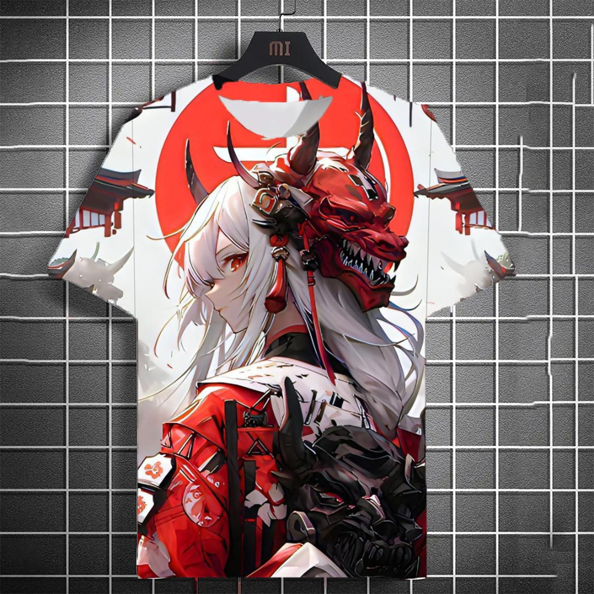 Men s fashionable versatile T-shirt 3D printed Japanese samurai sword girl anime personality short sleeved trendy men s clothing S