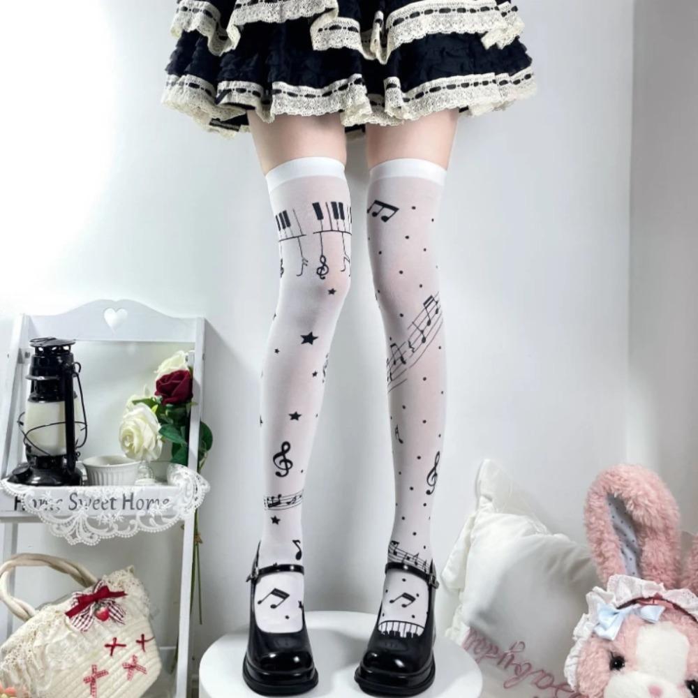 Summer Thin Music Note Sheer Pantyhose for Women Sweet Cool Lolita School Style Versatile Tights Breathable Stockings