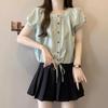 Plus Size Women's French Retro Doll Collar Short Sleeve Lace-up Top - Summer 2025 Casual and Versatile Shirt