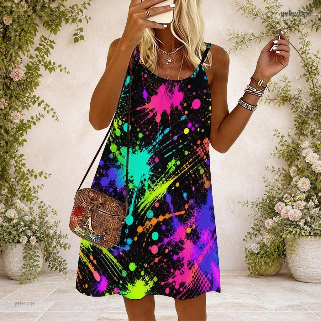 Women Plus Size Sleeveless Cami Dress Round Neck Rainbow Tie Dye Print Loose Casual Dress