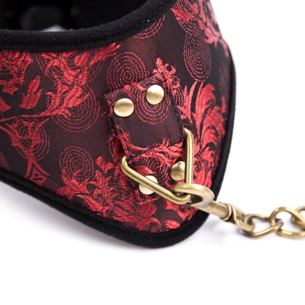 Retro Court Chinese Style Fabric Restraint Set: Foot Cuffs, Gag Ball, Eye Mask, Leash, Collar.