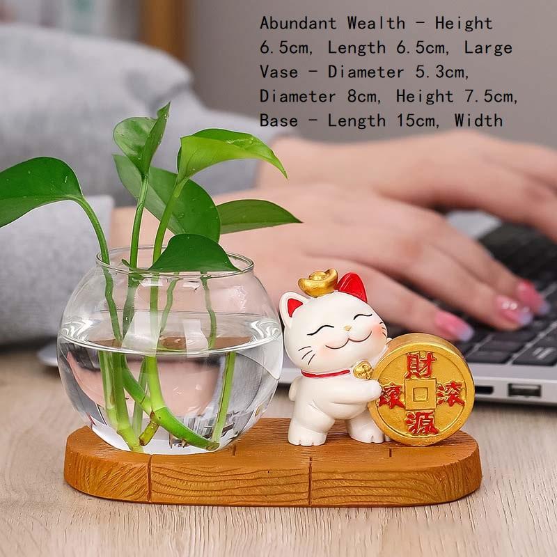 Zhaocai Cat Hydroponic Creative Vase Utensils Vase Living Room Office Desktop Decoration Zhaocai Cat Green Rose Hydroponic