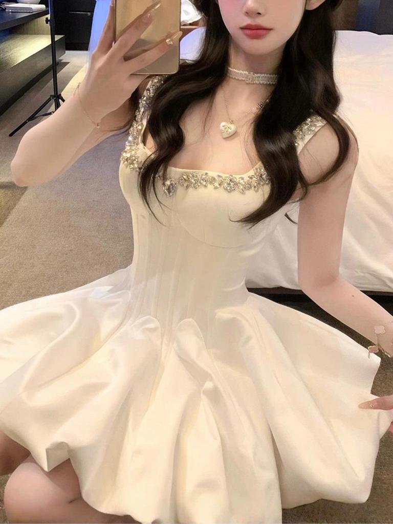 SI JIANG "Noble Heiress" Black Diamond Fishbone Puff Dress