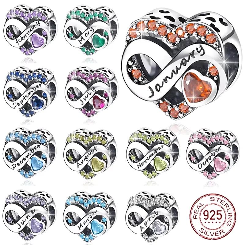 925  Silver January-December Birthday Stone Love Zircon Pendant Bead Fit Charms Necklace Bracelet Women Jewelry DIY Gift