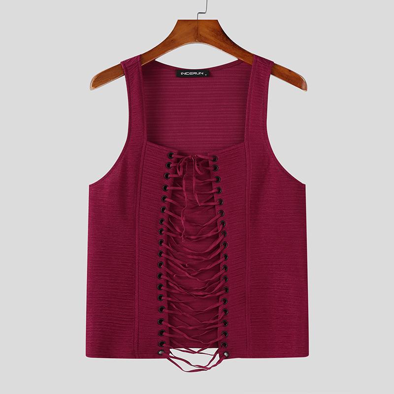 

INCERUN Мужские летние топы без рукавов с открытыми плечами и бандажом для вечеринок и клуба 5XL вино красного