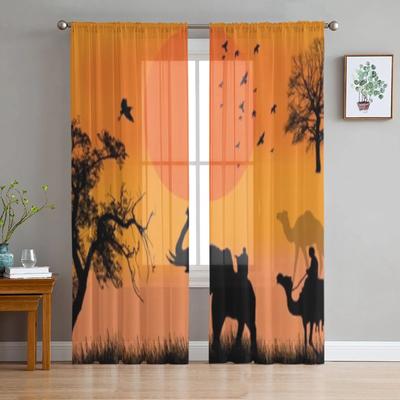 Afrikanische Safari mit Kamelen und Elefanten im Sonnenuntergang, transparente Tüllvorhänge für Wohnzimmer, Küchendekoration, Voile-Organza-Vorhänge