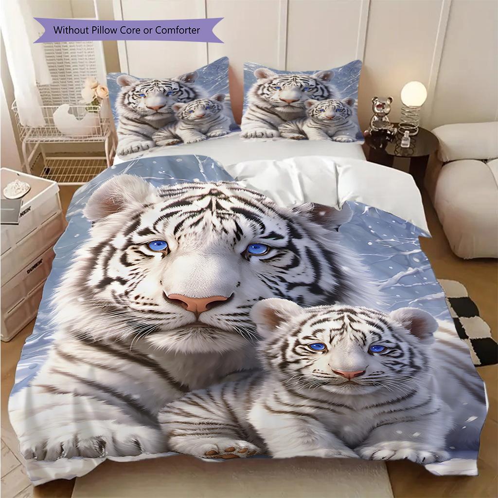White Tiger Pattern Bedding Quilt Set Quilt Cover Pillowcase Home Decoration Birthday Gift (1 * Duvet Cover + 2 * Pillowcase, Without Core)