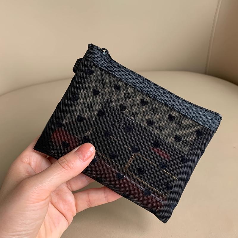 4pcs Nylon Mesh Cosmetic Bag Zipper Heart Shaped Toiletry Organizer Makeup Bags Multifunctional Lipstick Key Coin Purse Pouch