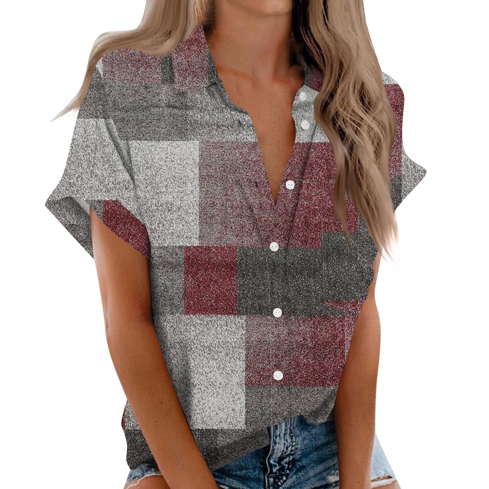 

Женская рубашка с короткими рукавами, повседневный модный топ на пуговицах с принтом, кардиган с нагрудным карманом M красный