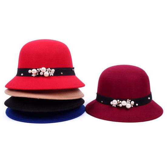 Top Hat British Style Faux Pearl Decor Down Brim Sunshading Round Top Decorate Retro Vintage Women Cloche Hat for Church