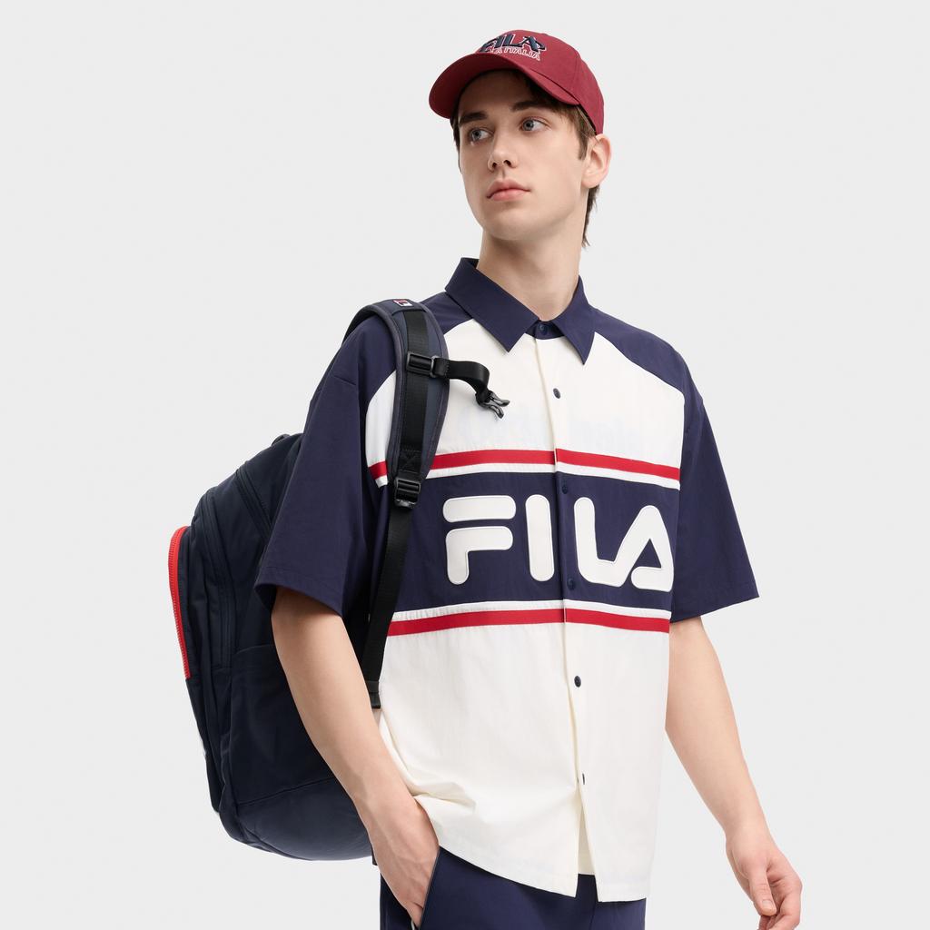FILA Original Breathable Trendy Color Block Woven Moisture-Wicking Short Sleeve Shirt Men shirts Cloud-Mushroom-White F11M439403FWT