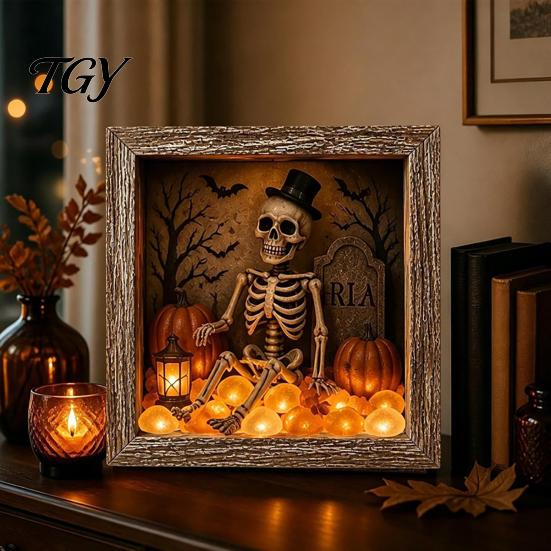 DIY Memory Box Display Lighted Halloween Ghost Shadow Kit, Wooden Frame LED Warm Light, Gothic Decorative Lamp with Crystal Glass Panel, Night