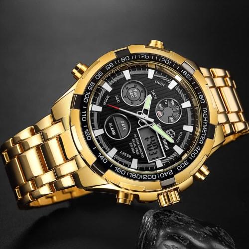GOLDEN HOUR Luxury Stainless Steel Analog Digital Watch for Men, Outdoor Sports, Waterproof, Big Heavy Watch, Gold Black, Minimalist.