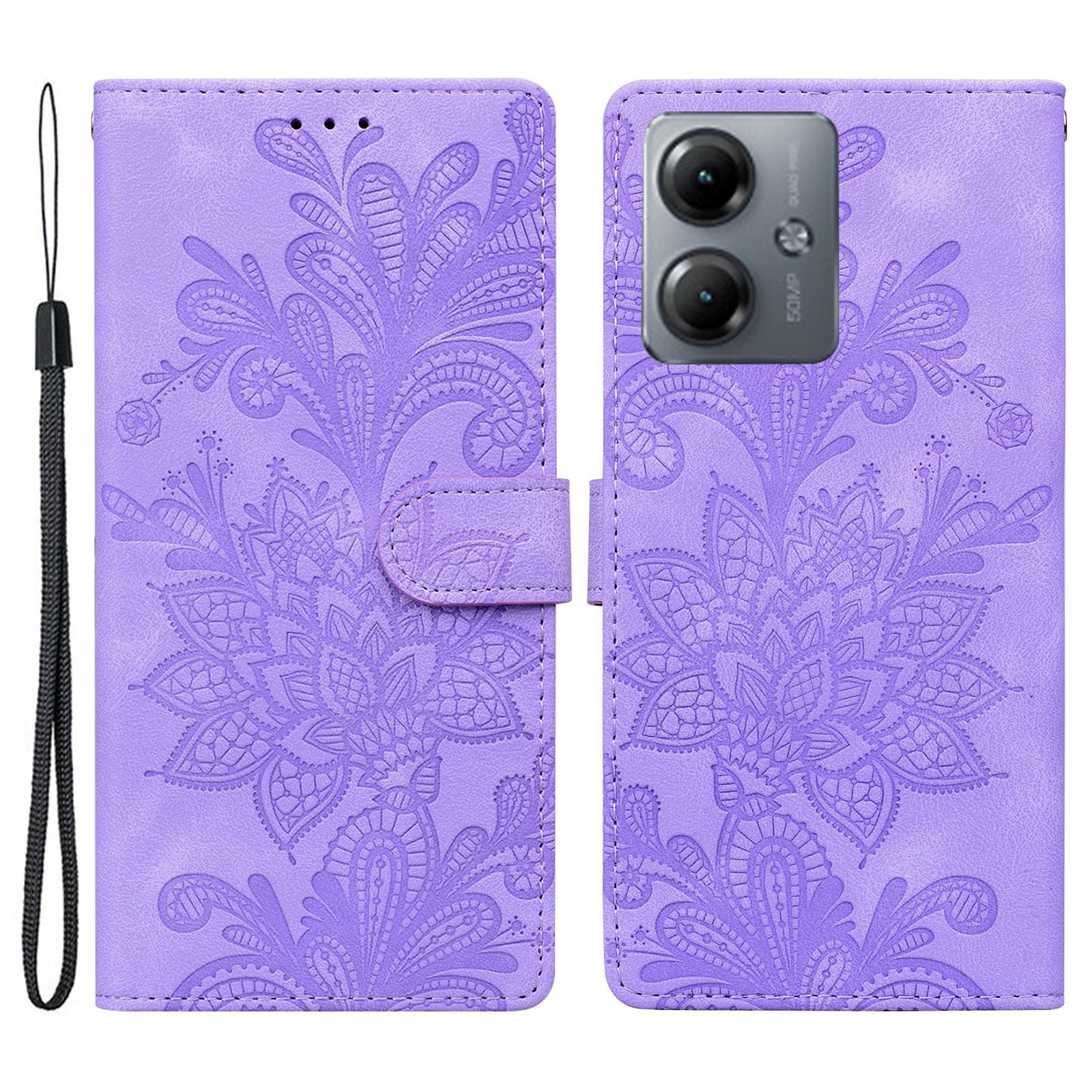 

For Motorola Moto G14 4G Case Imprinted Lace Flowers PU Leather Wallet Phone Cover Purple