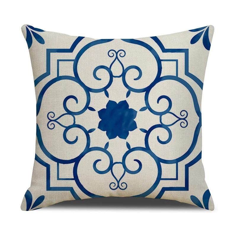 Chinese retro style blue and white ceramic printed fabric linen cotton throw pillow wrapped sofa home decoration pillow