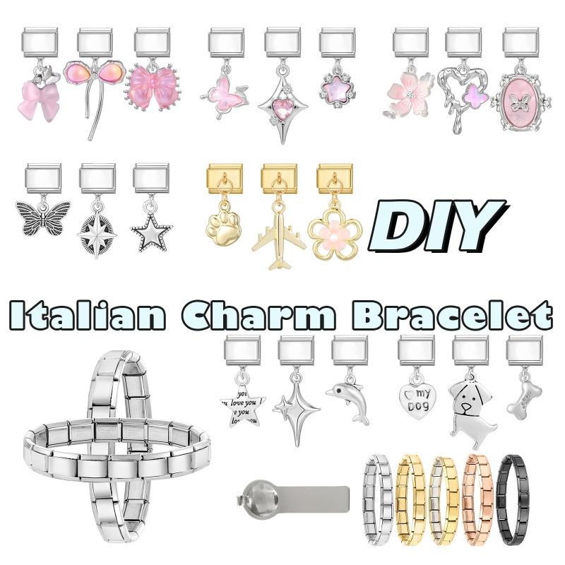 3Pcs/Set Brilliant Butterfly Moon Cherry Flowers Pendant Italian Charm Links Fit 9mm Stainless Steel Bracelet DIY Making Gift