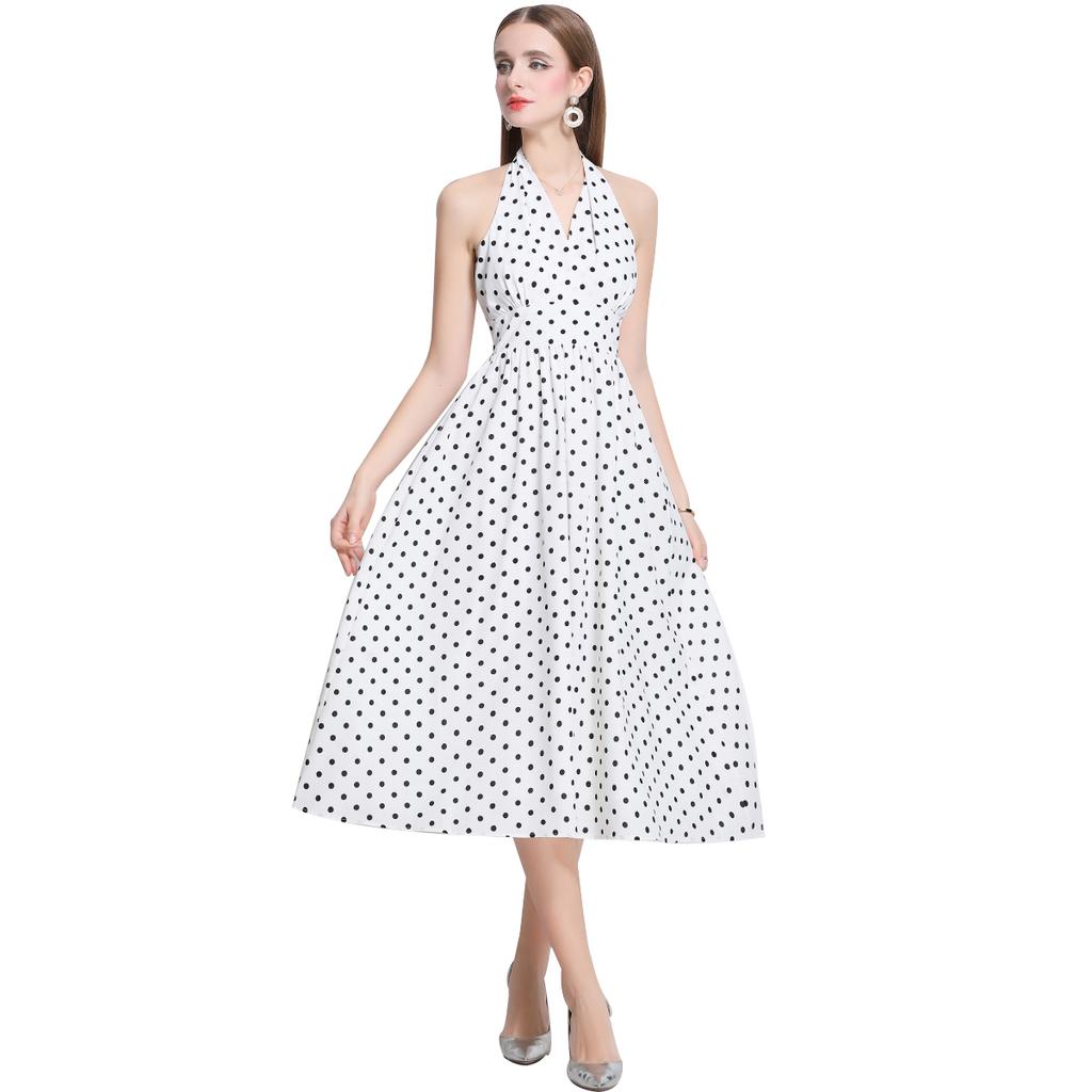 Letní Dámské Elegantní Halter Šaty Midi s Otevřenými Zády a Puntíky na Párty