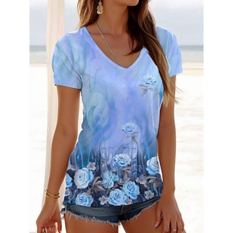 

Women s T Shirt Floral Graphic Casual Short Sleeve V Neck Regular Tops Daily Print Pink Summer Spring 2XL