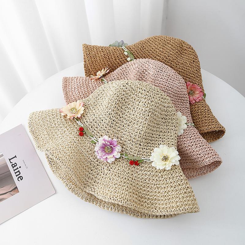 Summer Hats For Women Flower Rope Wide Brim Sun Hat Lady Foldable Sunhat Sunscreen Beach Accessories Seaside Holiday New