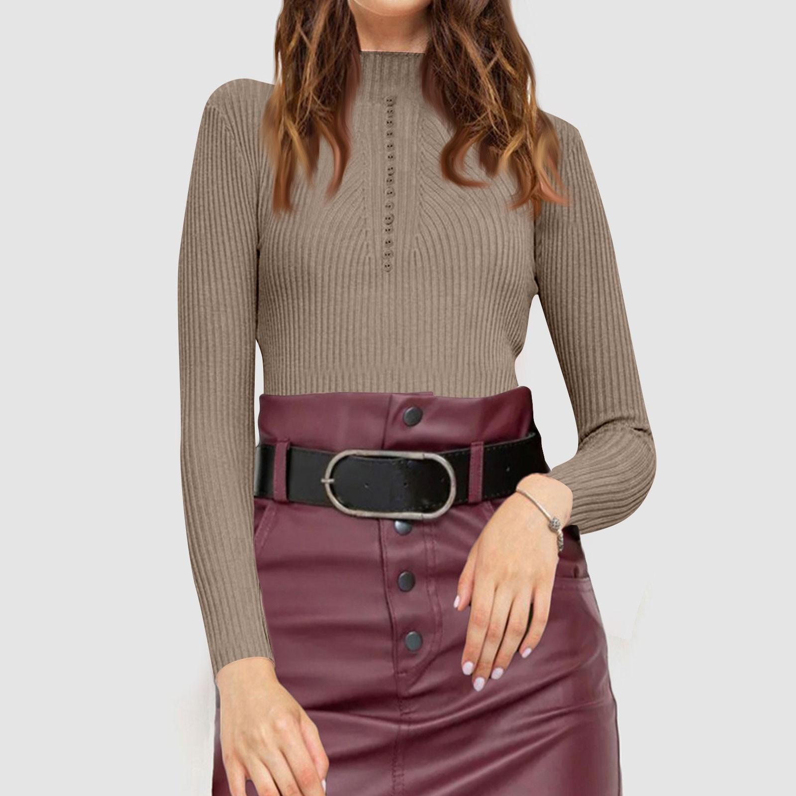 Женский модный повседневный однотонный свитер с длинным рукавом тонкий свитер пуловер топ S хаки 1536₽